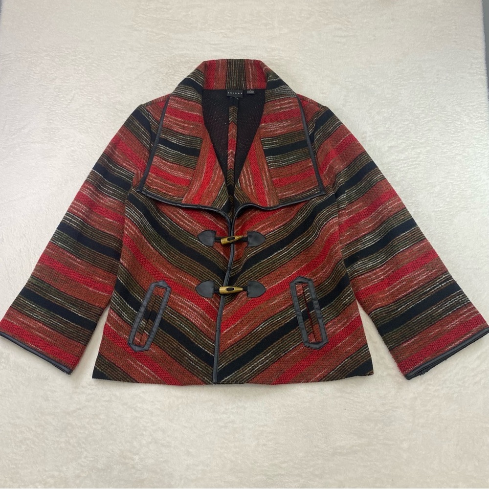 Tribal Western Blanket Tapestry Jacket Woven Aztec Wool Blend Toggle Coat